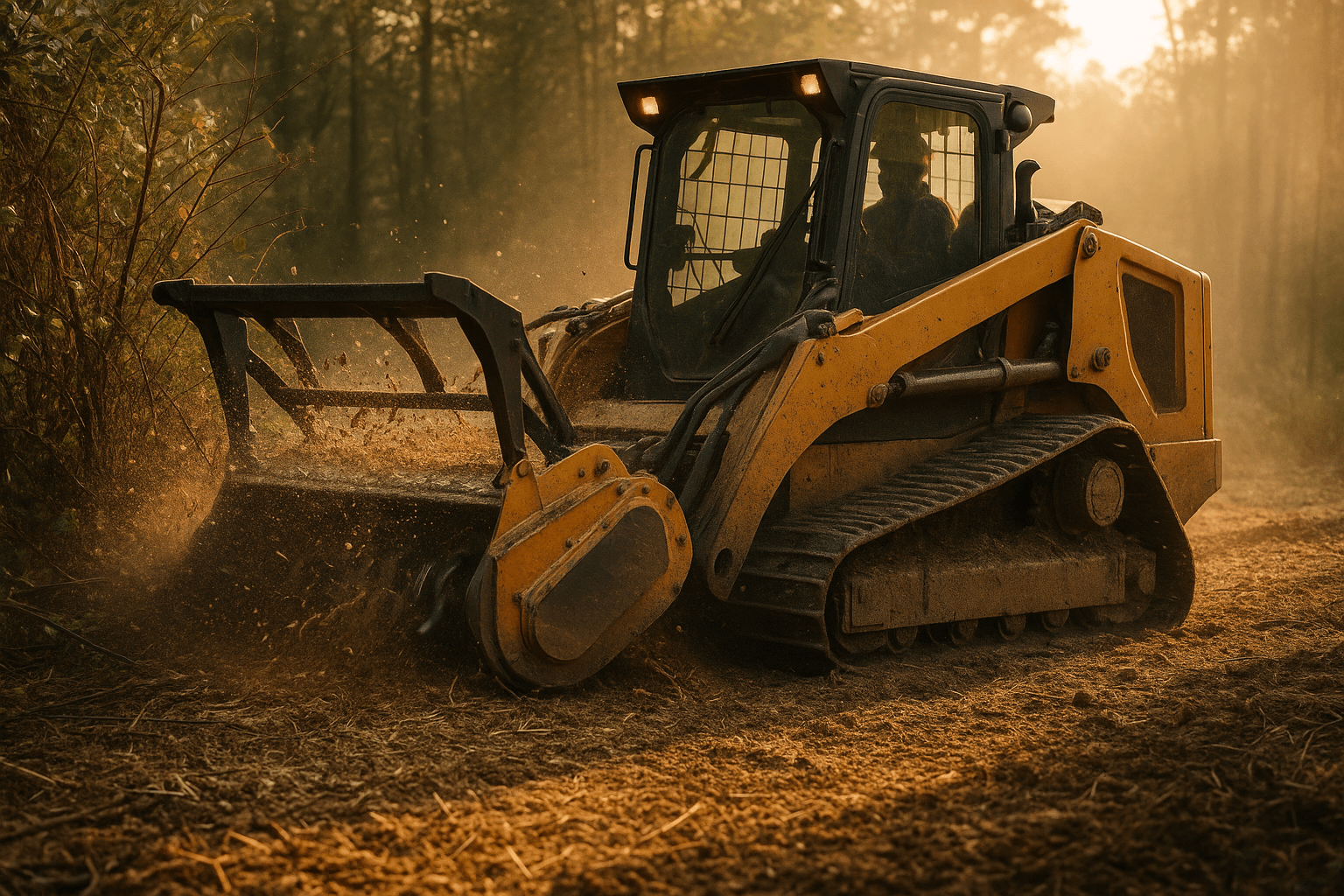 Forestry mulcher processing dense brush into protective mulch