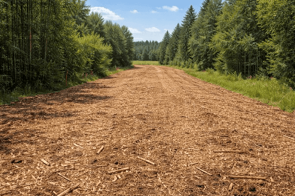 Clean cleared ground with natural mulch bed after brush clearing