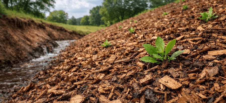 Terraced hillside engineered to redirect heavy rainwater and stabilize fragile topsoil