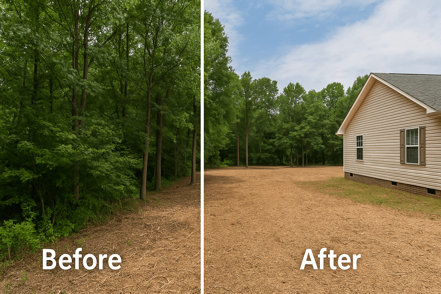 Before and after view of a mulched homesite