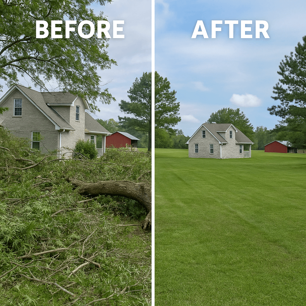 Before and after comparison of storm debris cleanup at a homesite
