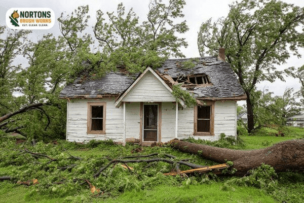 Rapid response team dismantling storm damaged tree blocking residential driveway