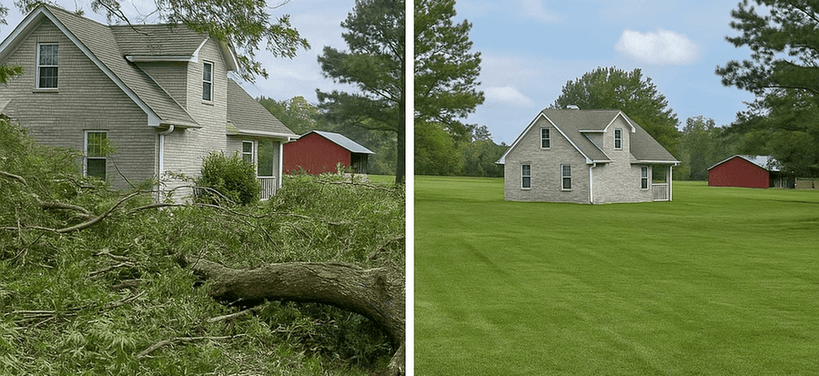 Aerial view of neighborhood acreage safely cleared of massive fallen timber and storm debris