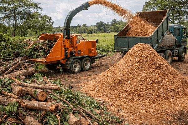 Heavy equipment safely dismantling hazardous trees in wooded lot