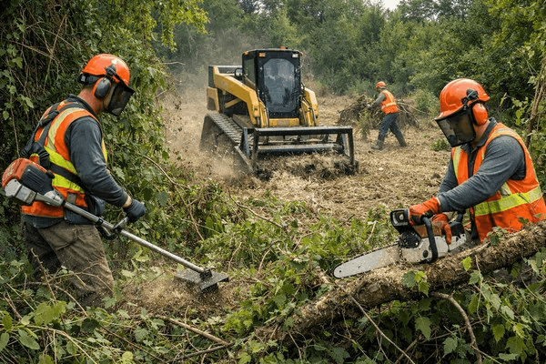 Sunlight shining through a clean, manicured forest stand cleared of underbrush